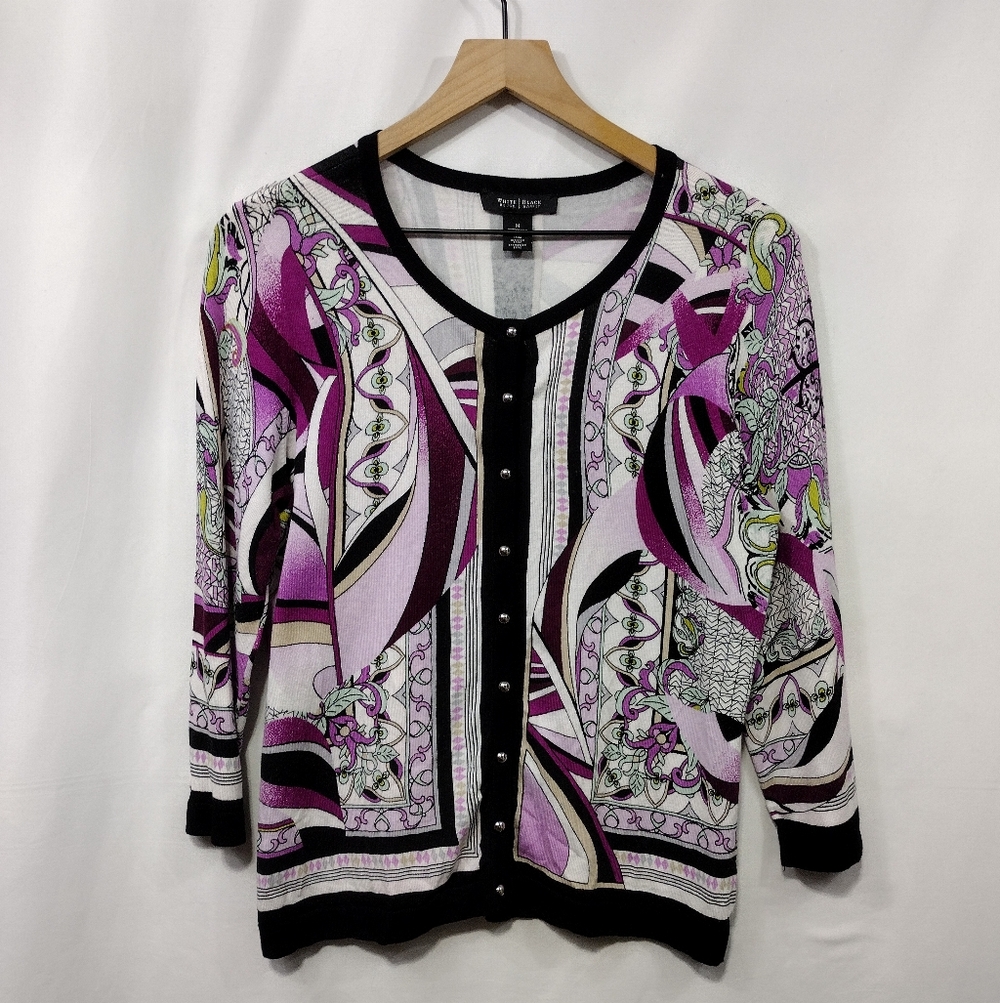 White House Black Market Paisely Button Up Cardigan Women's M Purple Artsy Retro